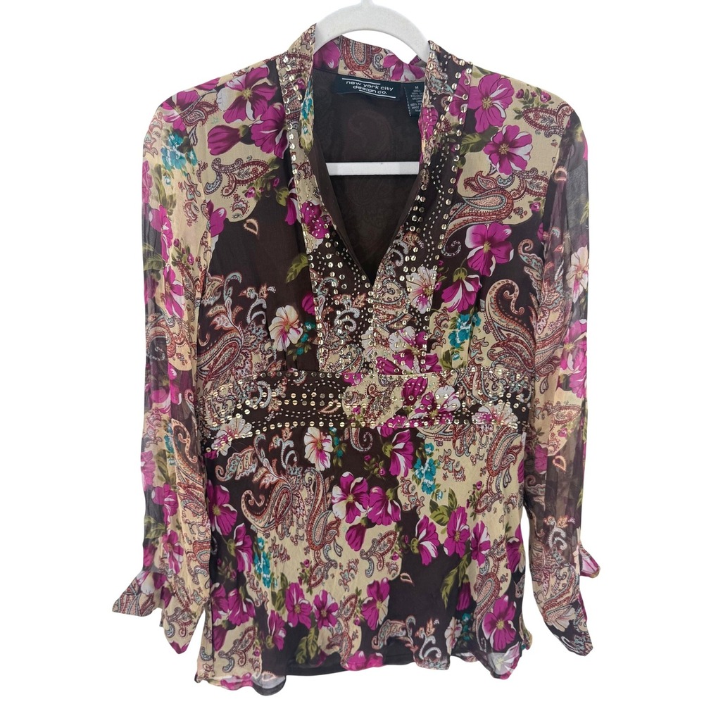 New York City Design Co‎ Babydoll Brown 100% Silk Paisley Sequin V-Neck Blouse M